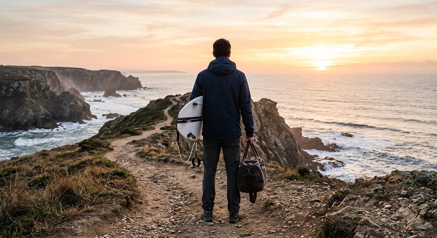 Adult standing at sunrise with training bag looking toward an open mountain trail path