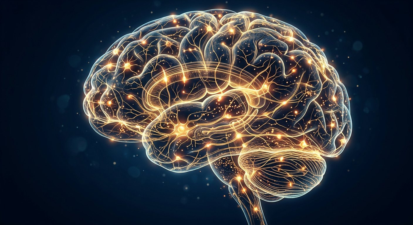 Artistic rendering of human brain neural synaptic pathways with navy and gold highlights